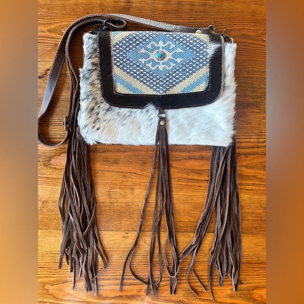Western MYRA BAG Leather Calf Hair Fringe Crossbody Purse